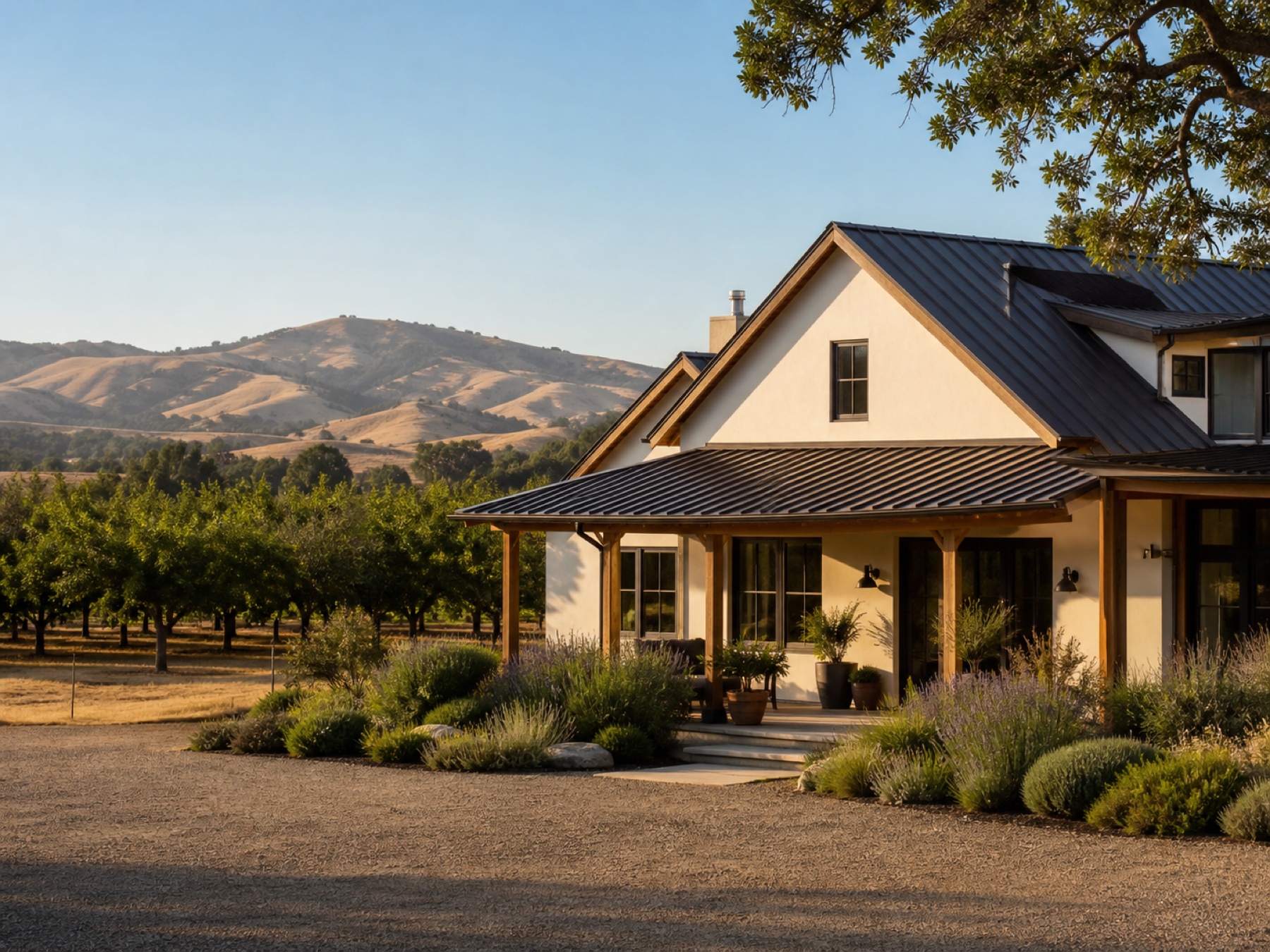 A Northern California home beside an orchard and the golden East Bay foothills